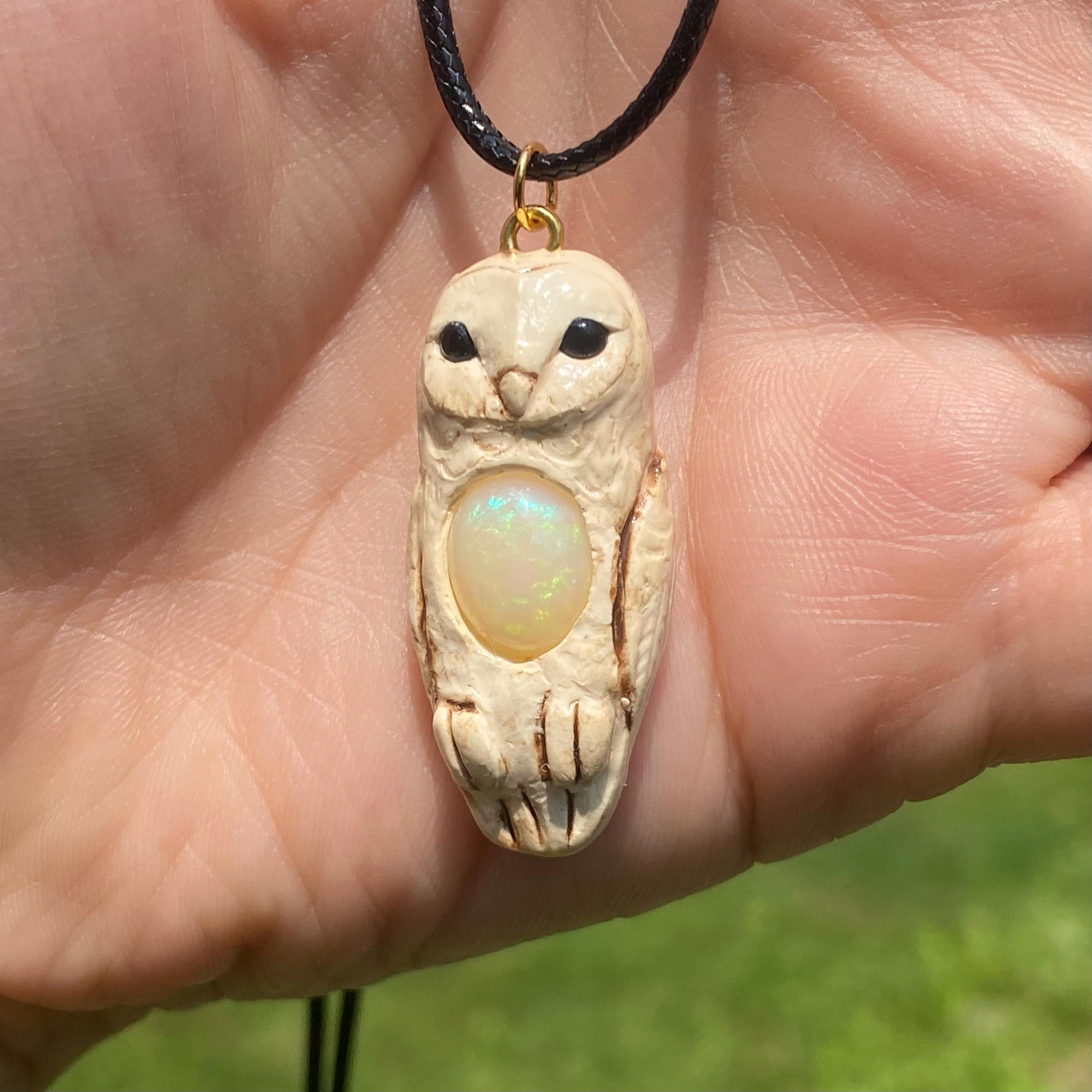 Cute Little Ivory Clay Barn Owl Pendant with Opal - Handmade Bird Necklace, Boho Animal Jewelry