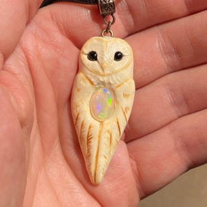 Ivory Clay Barn Owl Totem Pendant with Natural Opal: Boho Animal Jewelry