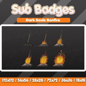 May include: Six Dark Souls Bonfire sub badges are displayed. Each badge shows a sword in the ground with flames of different sizes. The text "Sub Badges" and "Dark Souls Bonfire" are at the top. Sizes are 112x112, 56x56, 28x28, 72x72, 36x36, and 18x18.