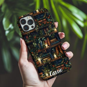 Personalized Vintage Bookshelf Phone Case, Custom Name Book Lover Gift, Dark Academia Library Aesthetic for iPhone & Samsung