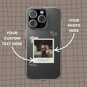 Coque de portable transparente avec photo personnalisée, coque de portable Polaroid personnalisée avec texte, joli cadeau assorti pour un ami ou un couple, coque esthétique