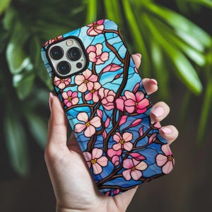 Cherry Blossom Stained Glass Phone Case, Colorful Flower Tough Case for iPhone and Samsung, Botanical Phone Case, Art Inspired Glossy Design