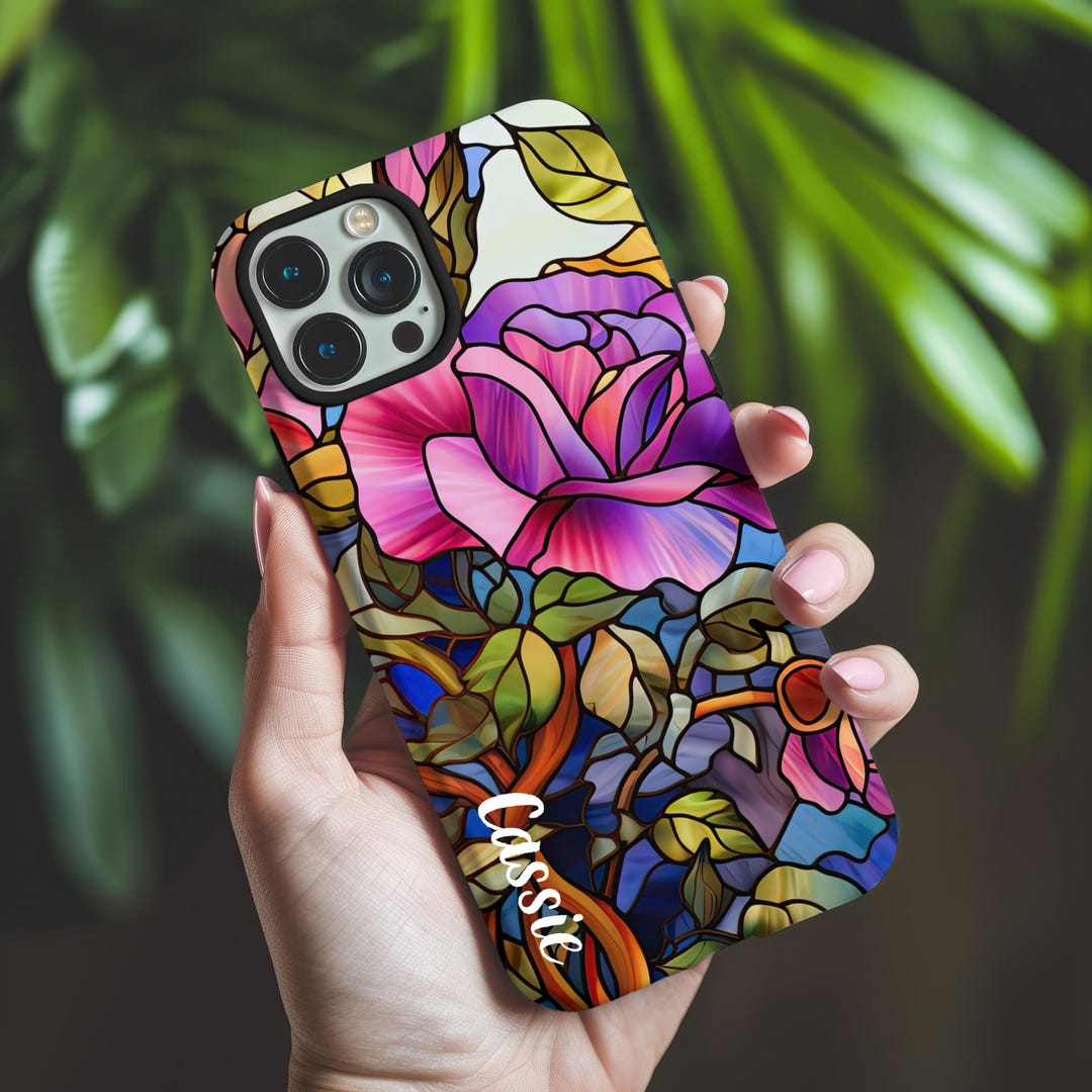 Personalized Stained Glass Rose Phone Case, Flower Tough Case for ...