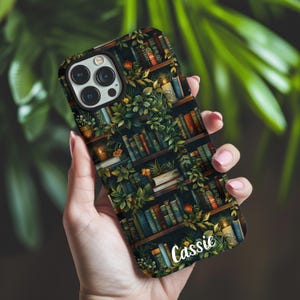Personalized Vintage Bookshelf Phone Case, Custom Name Book Lover Gift, Dark Academia Library Aesthetic for iPhone & Samsung