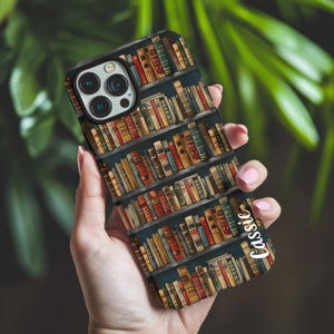 Personalized Vintage Bookshelf Phone Case, Custom Name Book Lover Gift, Dark Academia Library Aesthetic for iPhone & Samsung