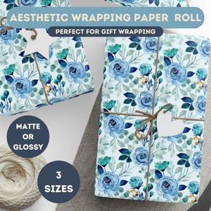 Blue Flower Wrapping Paper, Watercolor Rose Gift Wrap, Elegant Botanical Gift Wrap, Vintage Blue Flower Wrapping Paper