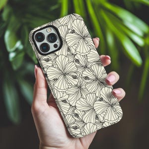 Minimalist Hibiscus Phone Case, Aesthetic Floral iPhone Cover, Tropical Line Art Samsung Case, Black and Beige Boho Phone Case, Summer Case