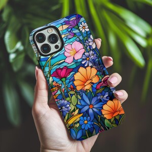 Stained Glass Floral Phone Case, Colorful Flower Tough Case for iPhone and Samsung, Botanical Phone Case, Art Inspired Glossy Design