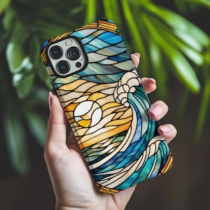 Stained Glass Waves and Sun Phone Case, Ocean Sunset Phone Case, Beach Lover Gift, Stained Glass Lover Gift, Summer Phone Case
