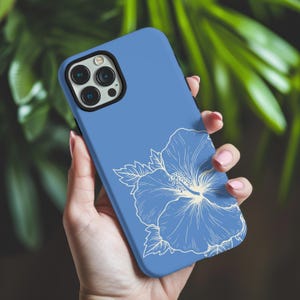 Minimalist Hibiscus Phone Case, Summer Phone Case, Aesthetic Floral iPhone Cover, Tropical Flower Samsung Case, Elegant Blue Phone Case