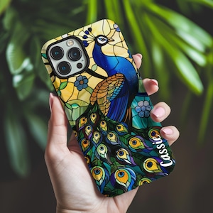 Personalized Stained Glass Peacock Phone Case, Custom Name Bird Lover Gift, Peacock Lover Gift, Samsung Phone Case, iPhone Case