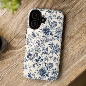 Romantic Vintage Floral Phone Case, Blue Toile Pattern iPhone Samsung Cover, Elegant French Style Flower Case, Gift for Mom or Grandma