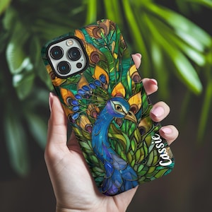 Personalized Stained Glass Peacock Phone Case, Custom Name Bird Lover Gift, Peacock Lover Gift, Samsung Phone Case, iPhone Case
