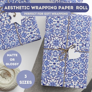 Blue Tile Wrapping Paper, Mediterranean Mosaic Gift Wrap, Elegant Floral Pattern Wrapping Paper, Vintage Ceramic Inspired Gift Wrap