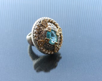 Vintage 18kt Gold Plated Cocktail Ring with Blue Topaz and White Zircon, Sz 7