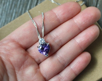 VTG 18" Sterling Silver Purple Amethyst Heart Crystal CZ Pendant Necklace