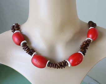 Vintage Boho Chunky Red Wood Bead and Brown Seed Necklace, 22”