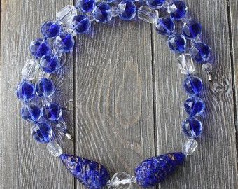 Vintage Large Chunky Boho Cobalt Blue and Clear Crystal and Glass Bead Necklace and Earrings Set