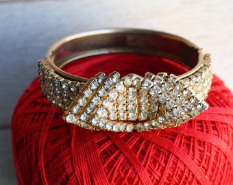 Vintage Art Deco Brass and Crystal Rhinestone hinged Buckle Style Bracelet, prong set