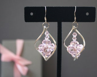 Vintage Sterling Pink Crystal Chandelier Earrings.