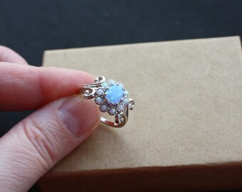 Blue Jelly Opal Victorian Style Filigree Ring, Rhodium Plated, size 7