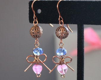Vintage Style Pink Heart and Blue Glass Beads and Antique Copper Chandelier/Boho Style Earrings