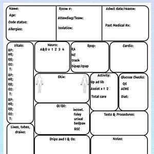 May include: A white nurse report sheet with a black border and text. The sheet is divided into sections for patient information, vitals, neuro, resp, cardio, activity, glucose checks, and notes. The title "Nurse Report Sheet" is at the top.