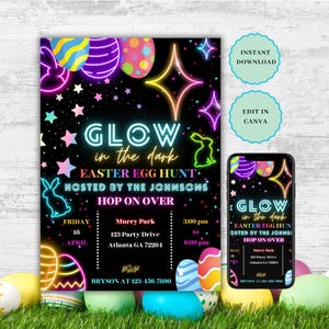 May include: Glow in the dark Easter egg hunt invitation with neon pink, blue, and green colors. The invitation features a bunny rabbit, stars, and Easter eggs. The text reads "Glow in the dark Easter Egg Hunt Hosted by the Johnsons Hop on Over" with the date and time of the event.