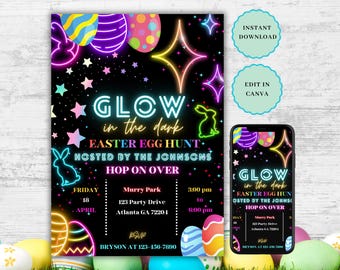 Glow in the Dark uitnodiging paaseieren zoeken, neonfeest (bewerkbare digitale sjabloon)