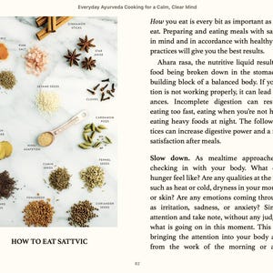 May include: A white surface with various spices and herbs arranged in rows. The spices include turmeric, ginger, cumin, coriander, fennel, cardamom, cloves, star anise, cinnamon sticks, mustard seeds, fenugreek, and sesame seeds. The text "How to Eat Sattvic" is at the bottom of the image.