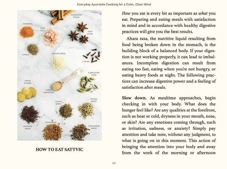 May include: A white surface with various spices and herbs arranged in rows. The spices include turmeric, ginger, cumin, coriander, fennel, cardamom, cloves, star anise, cinnamon sticks, mustard seeds, fenugreek, and sesame seeds. The text "How to Eat Sattvic" is at the bottom of the image.