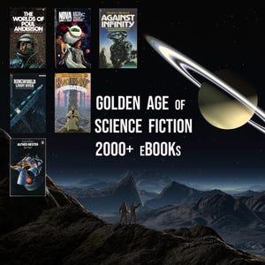 Może przedstawiać: Kolaż okładek książek science fiction na tle planety z pierścieniami i górzystym krajobrazem. W centrum obrazu widnieje tekst "Golden Age of Science Fiction 2000+ eBooks".