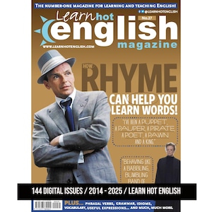 Könnte beinhalten: Titelseite des Learn Hot English Magazins mit einem Mann in Anzug und Hut. Der Magazintitel ist in großen, stilisierten Buchstaben gehalten. Das Cover wirbt für das Englischlernen durch Reime und listet digitale Ausgaben von 2014-2025 auf.