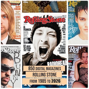 Puede incluir: Un collage de portadas de la revista Rolling Stone, con músicos y actores. La portada central muestra a Radiohead y el texto "850 Digital Magazines Rolling Stone From 1985 to 2026."