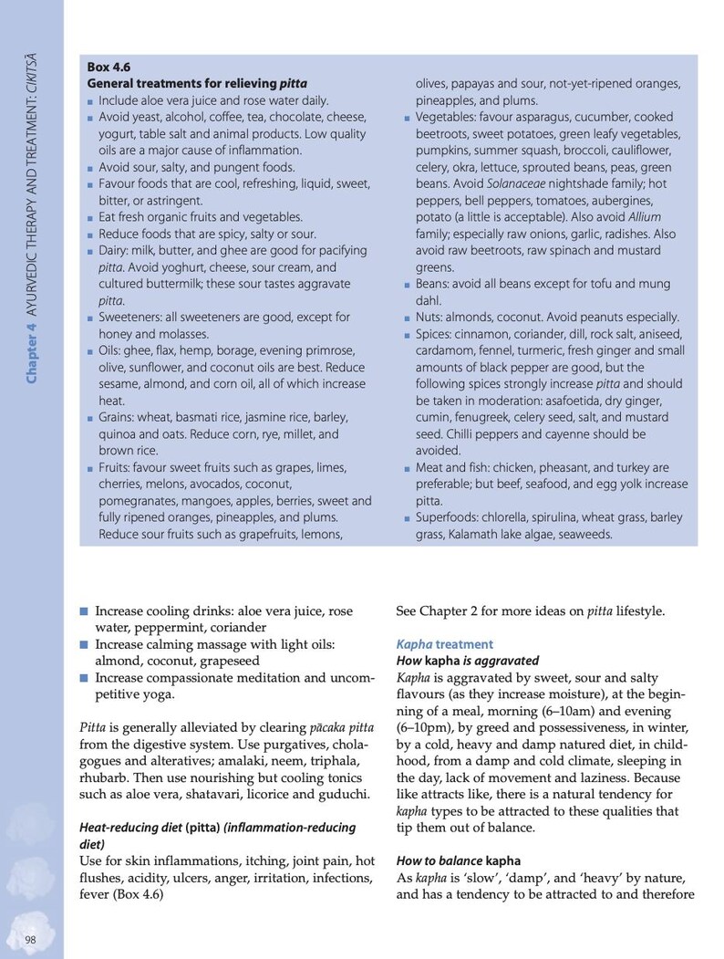 May include: A page from a book titled "Ayurvedic Therapy and Treatment: Cikitsa" with a black and white illustration of a leaf. The page discusses general treatments for relieving pitta, including dietary recommendations and lifestyle changes. The text includes a list of foods to avoid and foods to favor, as well as a list of spices to avoid and spices to favor.