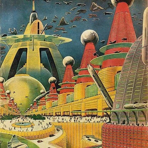Puede incluir: Ilustraci&oacute;n retro-futurista de una ciudad con edificios coloridos, veh&iacute;culos voladores y un cielo azul oscuro. Los edificios presentan detalles rojos, amarillos y verdes, con estructuras esf&eacute;ricas y en forma de torre. Coches en carreteras sinuosas.