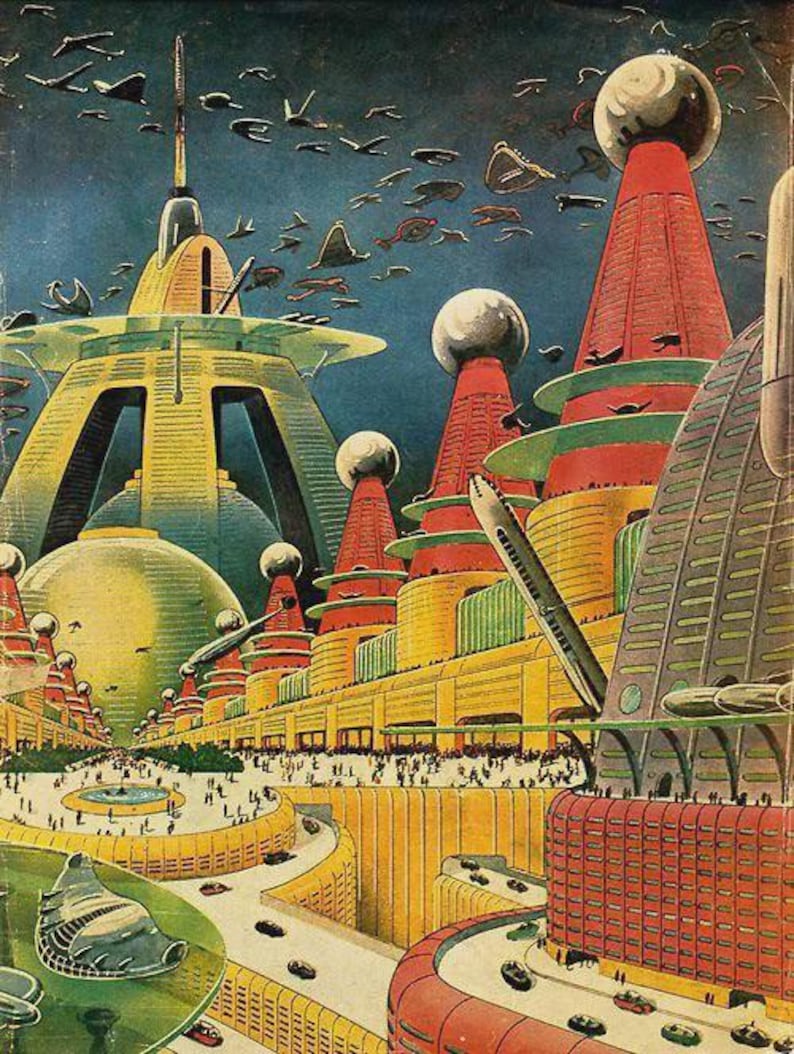 Puede incluir: Ilustraci&oacute;n retro-futurista de una ciudad con edificios coloridos, veh&iacute;culos voladores y un cielo azul oscuro. Los edificios presentan detalles rojos, amarillos y verdes, con estructuras esf&eacute;ricas y en forma de torre. Coches en carreteras sinuosas.