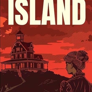 Pu&ograve; includere: Illustrazione di copertina di un libro con il titolo "MURDER ON A ISLAND" in lettere bianche. Una donna in abito vittoriano guarda una casa su una collina. Lo sfondo &egrave; un cielo rosso, che crea un'atmosfera drammatica.