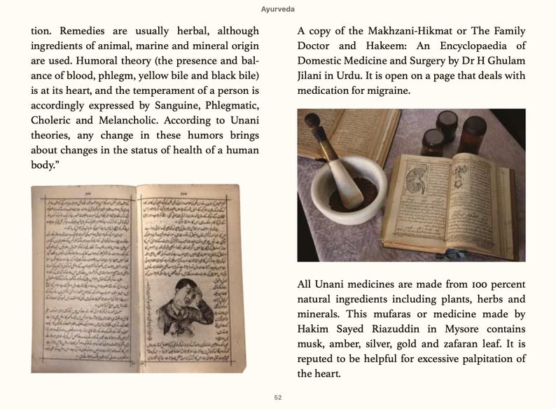May include: An open book with text in a foreign language. The book is on a wooden table with a mortar and pestle. The mortar and pestle are made of white ceramic and have a brown wooden handle. The book is open to a page that discusses Unani medicine.