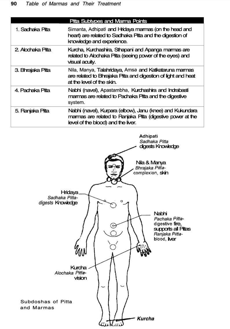 May include: A black and white line drawing of a human body with circles representing marma points. The image is labeled with the names of the marma points and the corresponding pitta subtypes. The text "Pitta Subtypes and Marma Points" is at the top of the image. The text "Subdoshas of Pitta and Marmas" is at the bottom of the image.