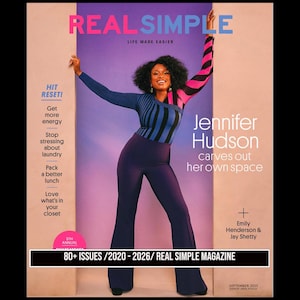 May include: The cover of Real Simple magazine features Jennifer Hudson. The magazine's title is in pink and blue. The cover includes text such as "Hit Reset!" and "Get more energy." The magazine is dated September 2023.