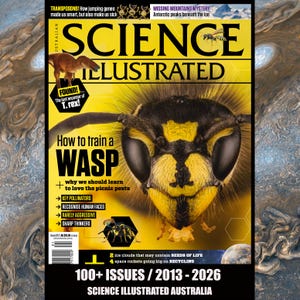 Puede incluir: La portada de la revista "Science Illustrated Australia" presenta una imagen detallada de la cabeza de una avispa. La portada incluye artículos sobre avispas, dinosaurios y exploración espacial. El título de la revista está en letras amarillas grandes. El número cubre más de 100 números de 2013-2026.
