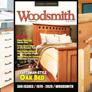 Pode incluir: A capa da revista Woodsmith apresenta uma cama de carvalho em estilo artesanal. O título da revista está em uma fonte grande e ornamentada. No interior, os artigos abordam colagem de painéis, bordas de mesa de roteador, marcenaria e reparos de hardware. As datas de publicação da revista são 1979-2026.