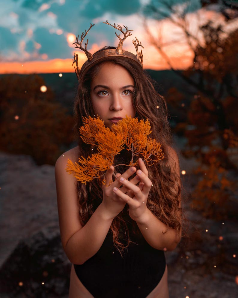 May include: A woman with long brown hair wears a crown with antlers and holds a branch of dried orange foliage in front of her face. The background is a blurred sunset with a blue and orange sky.