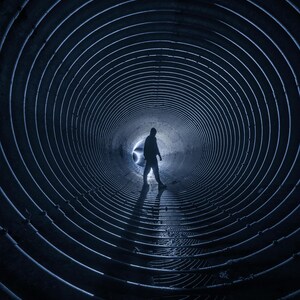May include: A person stands in the center of a dark, circular tunnel with a bright light at the end. The tunnel is made of metal and has a series of concentric circles.