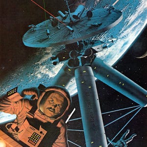 Puede incluir: Ilustraci&oacute;n retro de ciencia ficci&oacute;n de una estaci&oacute;n espacial con el texto "US Space Force" en una estructura cil&iacute;ndrica. Un astronauta con un traje espacial naranja est&aacute; en primer plano, con un panel de control. Tambi&eacute;n se ve una nave espacial y un astronauta flotando.