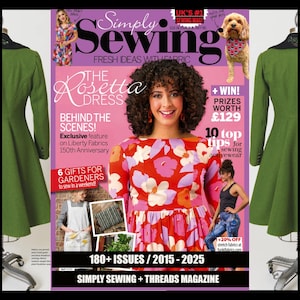 Puede incluir: Portada de la revista Simply Sewing, con una mujer con un vestido floral, un perro con un pañuelo y el texto "The Rosetta Dress". También incluye información sobre premios y consejos de costura.