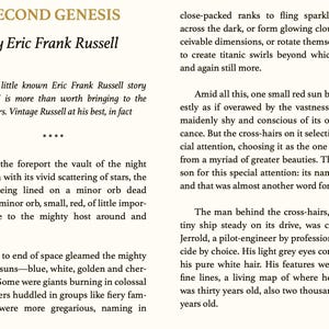 Puede incluir: P&aacute;gina de un libro titulado "SECOND GENESIS" de Eric Frank Russell. El texto describe una historia de ciencia ficci&oacute;n con elementos celestiales, incluyendo estrellas, soles y un piloto llamado Arthur Jerrold.