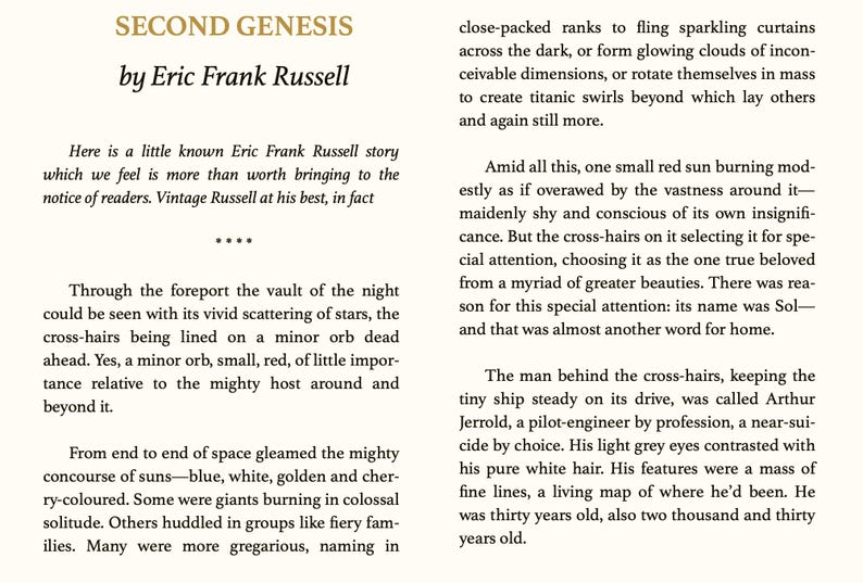 Puede incluir: P&aacute;gina de un libro titulado "SECOND GENESIS" de Eric Frank Russell. El texto describe una historia de ciencia ficci&oacute;n con elementos celestiales, incluyendo estrellas, soles y un piloto llamado Arthur Jerrold.