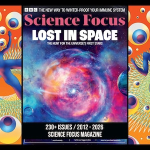 May include: A magazine cover for Science Focus, featuring the title "LOST IN SPACE" with a cosmic nebula illustration. The cover includes text about the hunt for the universe's first stars and the magazine's issue range.